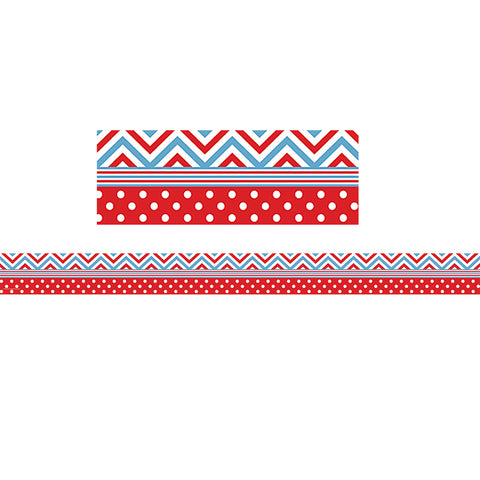 Red & Blue Chevrons And Dots Straight Border Trim