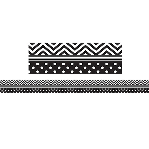 Black &amp; White Chevron And Dots Straight Border Trim